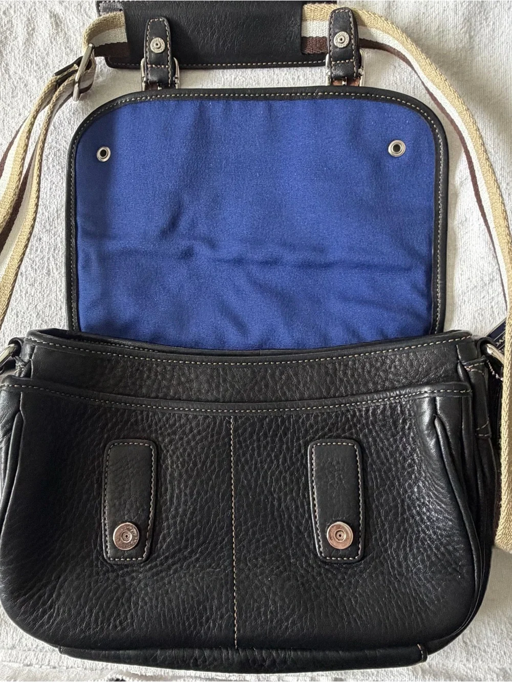 Vintage Coach Black Leather Crossbody Bag with Striped Strap for women